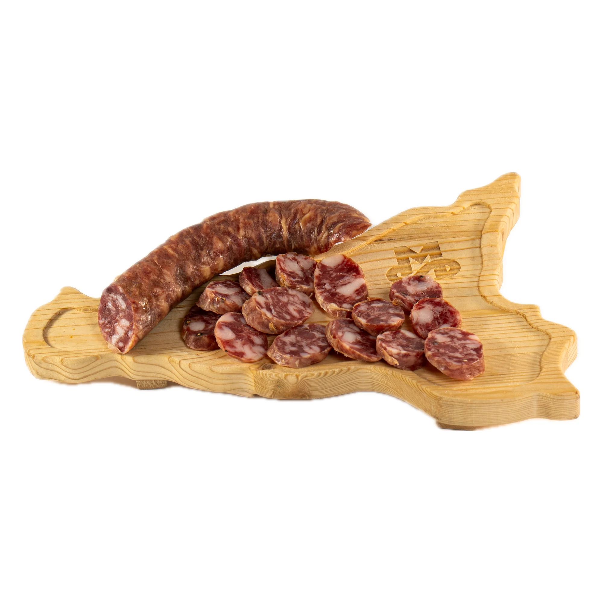 Salame di suino nero dei nebrodi: Salsiccia con Suino Nero MonteSoprano intera e a fette su tagliere di legno