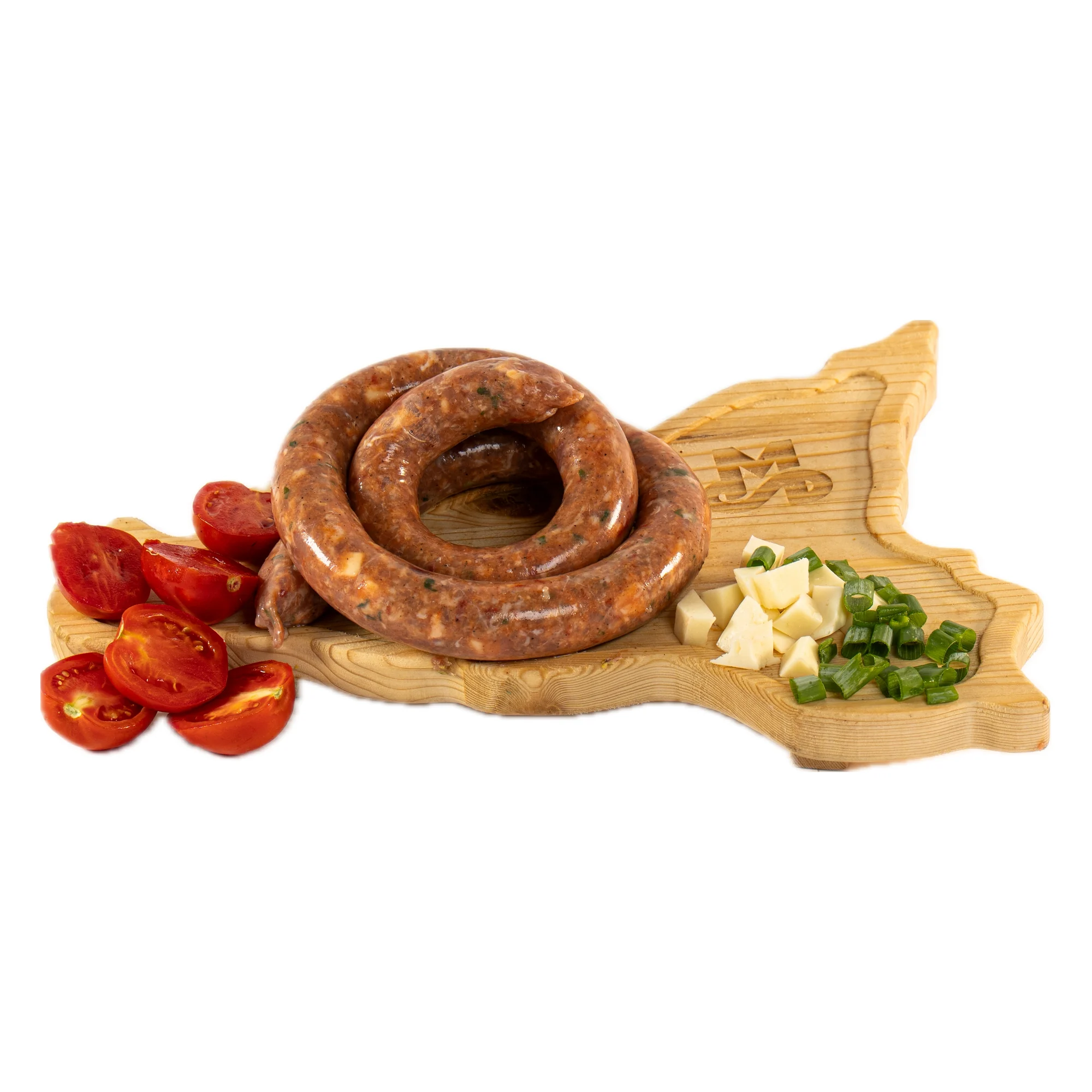 Salsiccia condita siciliana: Salsiccia farcita MonteSoprano a spirale con prezzemolo e formaggio su tagliere di legno